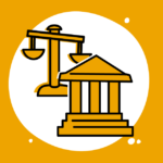 Vector image in yellow with image of building and law scales behind it.